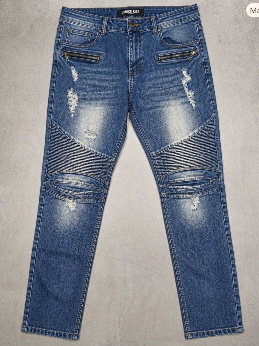 Smoke Rise Distressed Moto Jeans | Size 42×32 | Blue Denim | Like New